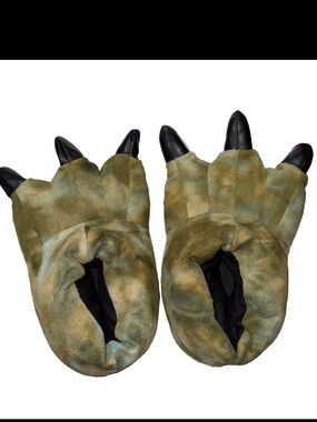 Dinosaur T Rex Green Camo Plush Slipper Claw Feet Footwear Costume Adult S M FUN